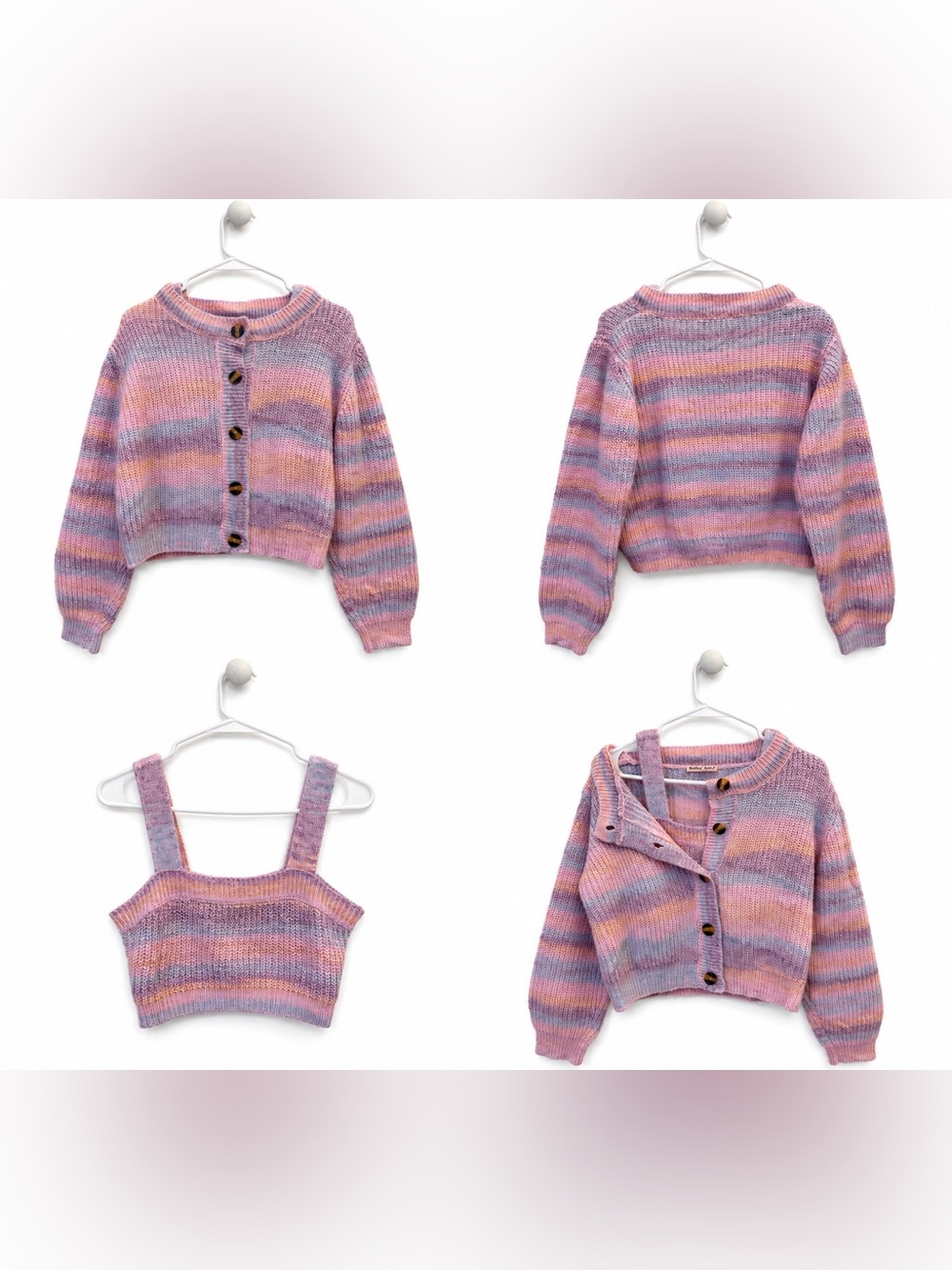 Striped Knit Cardigan & Cropped Tank Set - Pink/Purple Blend